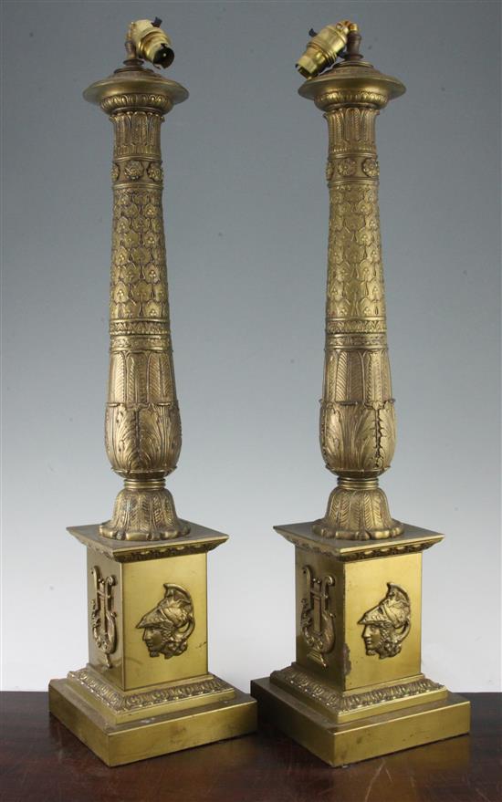 A pair of French Empire style brass table lamps, 2ft 5ins high